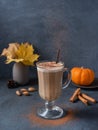 Spice coffee latte on glass with pumpkin, cinammon and nut on the dark blue table