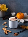 Spice coffee latte on white mug with pumpkin, cinammon and nut on the dark blue table
