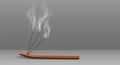 Aroma sticks incense with realistic smoke 3d vector illustration. Aroma stick on wooden stand isolated on transparent Royalty Free Stock Photo