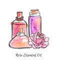 Hand drawn vector illustration of glass jars and bottles with Rose essential oil.