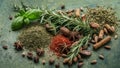 Aromas and Textures. A Still Life Composition with Herbs, Spices, and Botanical Elements. Royalty Free Stock Photo