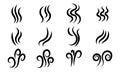 Aromas vaporize icons set. Steam aroma black logo smoke or perfume vapor smell. Hot aroma steam grill stink fire flat flame smoke Royalty Free Stock Photo