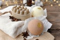 Aromatherapy bath setting with spa bombs and soap bars. Natural cosmetic and wellness concept.