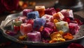 Aromatherapy candle collection, candy and gemstone gift arrangement generative AI