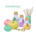 Aromatherapy card template. Oil bottles, vanilla and candles, diffuser. Royalty Free Stock Photo