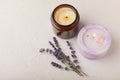 Aromatherapy concept, candle with lavender flowers.Soy candles with lavender scent. Royalty Free Stock Photo