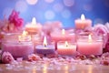 Aromatherapy concept, candles with flowers. Soy candles with flowers scent