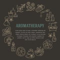 Aromatherapy and essential oils brochure template. Vector line illustration of aromatherapy diffuser, oil burner, spa candles, inc