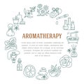 Aromatherapy and essential oils circle template. Vector line illustration of aromatherapy diffuser, oil burner, spa candles