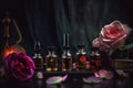 Aromatherapy essential oils with fresh roses Royalty Free Stock Photo