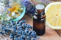 Aromatherapy with essential oils from lavender and citrus for use in the spa with massage. Royalty Free Stock Photo
