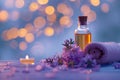 Aromatherapy Essentials with Candles and Blossoms in Spa. Royalty Free Stock Photo