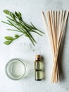 Aromatherapy essentials including oils, fresh herbs, and diffuser sticks on a textured background Royalty Free Stock Photo