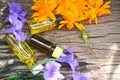 Aromatherapy herbal oil bottles aroma with yellow wildflowers on nature green background - Essential oils natural for face and Royalty Free Stock Photo