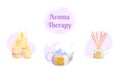 Aromatherapy icons set with candles, blooming tea, wooden aroma sticks illustration on isolated white background. Nature