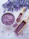 Aromatherapy lavender bath salt and massage oil Royalty Free Stock Photo