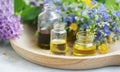 Aromatherapy. Natural medicinal plants and herbs oil bottles, natural floral extracts and oils, natural oils Royalty Free Stock Photo