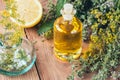 Aromatherapy with natural oil and herbs, lemon and thyme Royalty Free Stock Photo