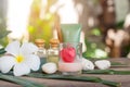 Aromatherapy product spa of therapy massage with plumeria or frangipani flowers, stones, aroma candle and oil on the desk,Spa