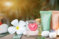 Aromatherapy product spa of therapy massage with plumeria or frangipani flowers, stones, aroma candle and oil on the desk,Spa Royalty Free Stock Photo
