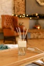 Aromatherapy reed diffuser air freshener on relaxed spa background