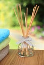 Aromatherapy reed difuser bottle in a beautiful outdoor setting in morning sunlight Royalty Free Stock Photo