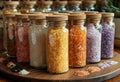 Aromatherapy salts and crystals in glass bottles on wooden table Royalty Free Stock Photo