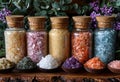 Aromatherapy salts and herbs in glass bottles on wooden background Royalty Free Stock Photo