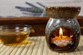 Aromatherapy, scented lamp with a candle in the form of a water lily, green tea and incense stick Royalty Free Stock Photo