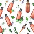 Aromatherapy seamless pattern. Colorful pattern with flowers, pills and essential oil on a white background, drawing watercolor