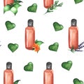 Aromatherapy seamless pattern. Colorful pattern with flowers, pills and essential oil on a white background, drawing watercolor