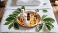 Aromatherapy setup with essential oils on spa table for relaxation and wellness Royalty Free Stock Photo