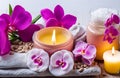 Aromatherapy, spa, beauty treatment and wellness background with massage pebbles orchid flowers, towels, Royalty Free Stock Photo