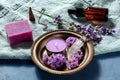 Aromathreapy concept. Essential oil, infused soap, scented candle, incense cone, perfume vial with lavender and vervain Royalty Free Stock Photo