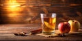 Aromatic apple cider beverage with cinnamon and star anise on rustic wooden surface. Generative AI Royalty Free Stock Photo