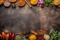 Aromatic assortment, spices and herbs on stone table top view