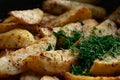 Aromatic baked potato wedges with fresh dill herbs. Homemade rustic dish, delicious hearty food close up