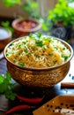 Aromatic Basmati Rice in Ornate Bowl with Herbs and Spices