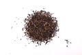 Aromatic black pu-erh tea leaves, a pile of dry red chinese pu-er, close-up, isolated on white