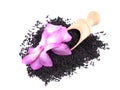 Aromatic black tea and pink flower on white