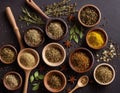 Aromatic Bounty, Assorted Dried Herbs and Spices Collection, Dried Herbs and Spices, Culinary Ingredients Royalty Free Stock Photo