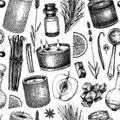 Aromatic candle ingredients seamless pattern. Vector background with hand-sketched materials for candles, soap, cosmetics,