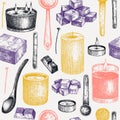 Aromatic candles making kit background. Vector backdrop with candle ingredients, wax and fragrant materials. Seamless pattern for