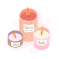 Aromatic candles vector illustration.Burning decorative wax or paraffin candles isolated on light background