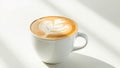 Aromatic cappuccino with a heart in a white mug on a light table. Morning coffee Royalty Free Stock Photo