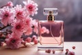 Aromatic charm Pink flowers complement a stylish pink perfume bottle Royalty Free Stock Photo