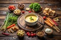 Aromatic cheese fondue preparation with an array of dipping vegetables and bread. Generative AI Royalty Free Stock Photo