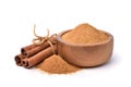 Aromatic cinnamon powder in wooden bowl Royalty Free Stock Photo