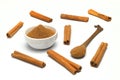 Aromatic cinnamon sticks and bowl with powder on white background Royalty Free Stock Photo