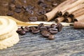 aromatic coffee beans with ground coffee powder Royalty Free Stock Photo